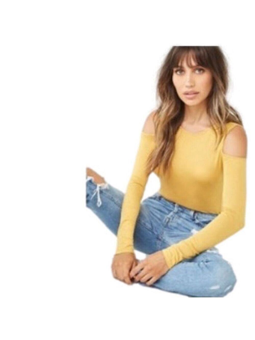 Mustard Yellow Long Sleeve Open Shoulder Top Shirt Small